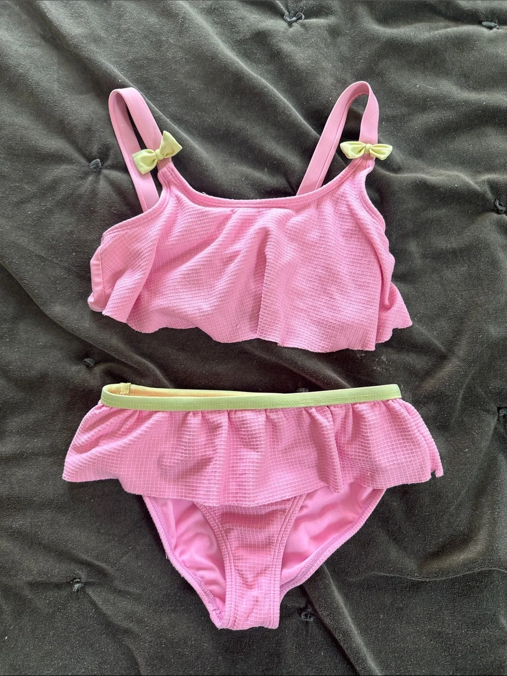 Girls' Pink Ruffle Two-Piece Swim Set with Lime Bow Accents